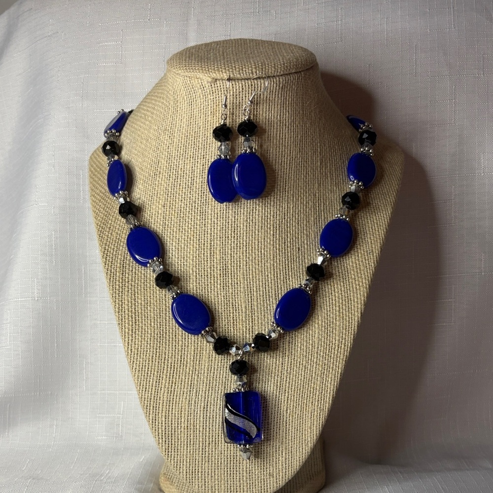 Handcrafted Deep Blue Chalcedony Necklace and Earring Set w/Dichroic Glass Pend.